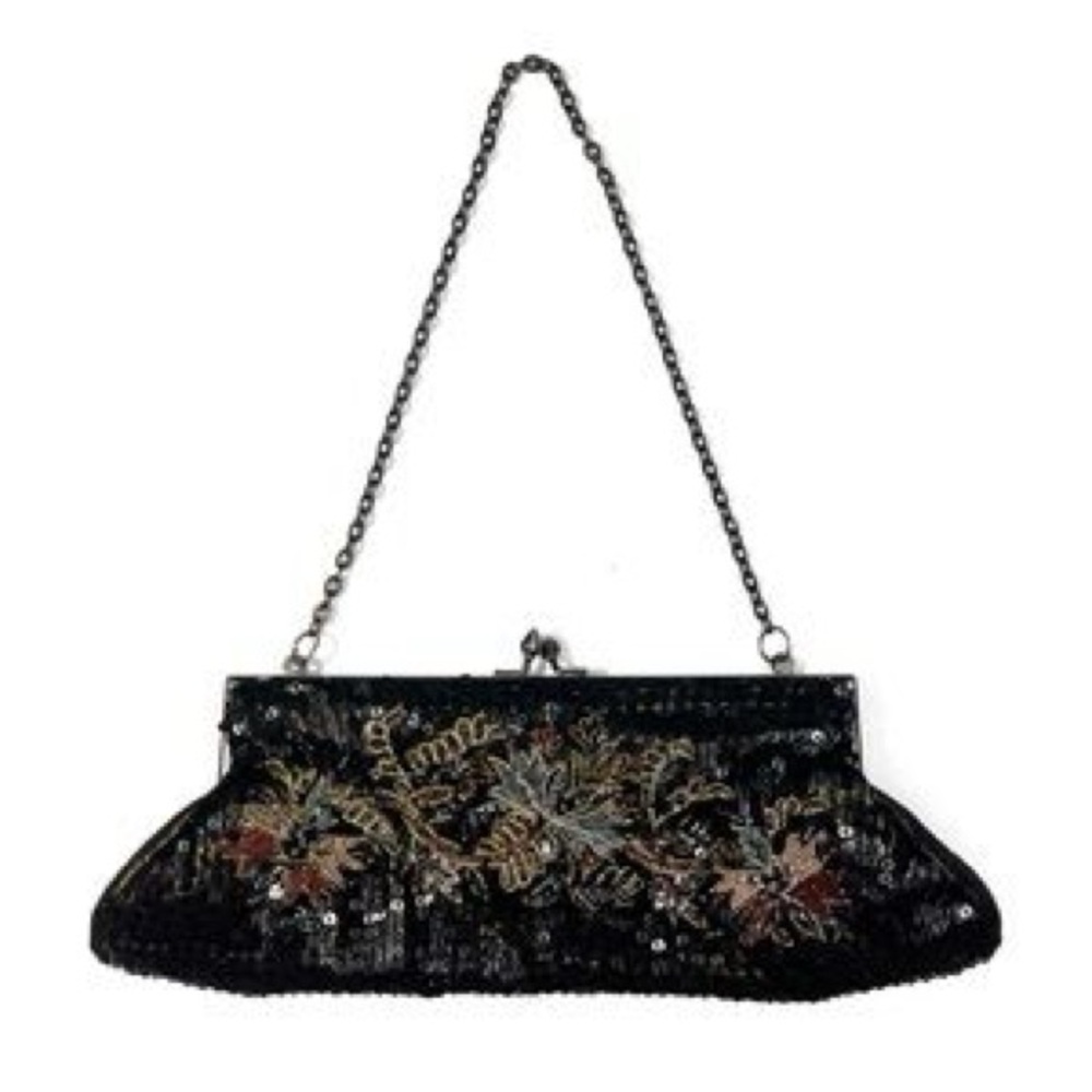 Vintage White House Black Market Elegant Black Embroidered Clutch